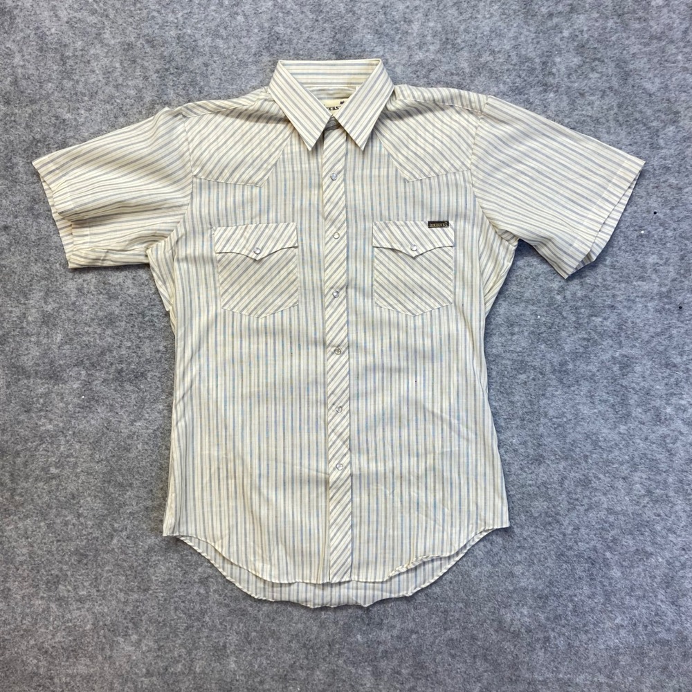 Roebucks Western Shirt Mens Medium Tan Blue Striped Excellent Pearl Snap Vintage